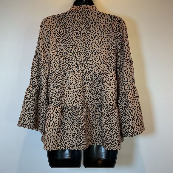 Tuckernuck Leopard Print Tiered Ruffle Blouse XS Tan Black Animal Print - Picture 3 of 7